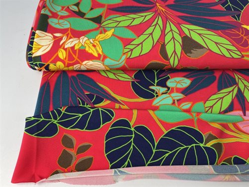 Polyesterjersey - flotte blade og blomster i intense farver